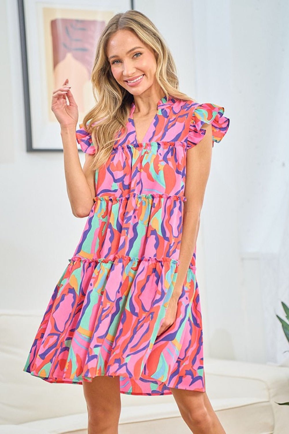 First Love Full Size Printed Ruffle Cap Sleeve Tiered Dress - Do Shop It™