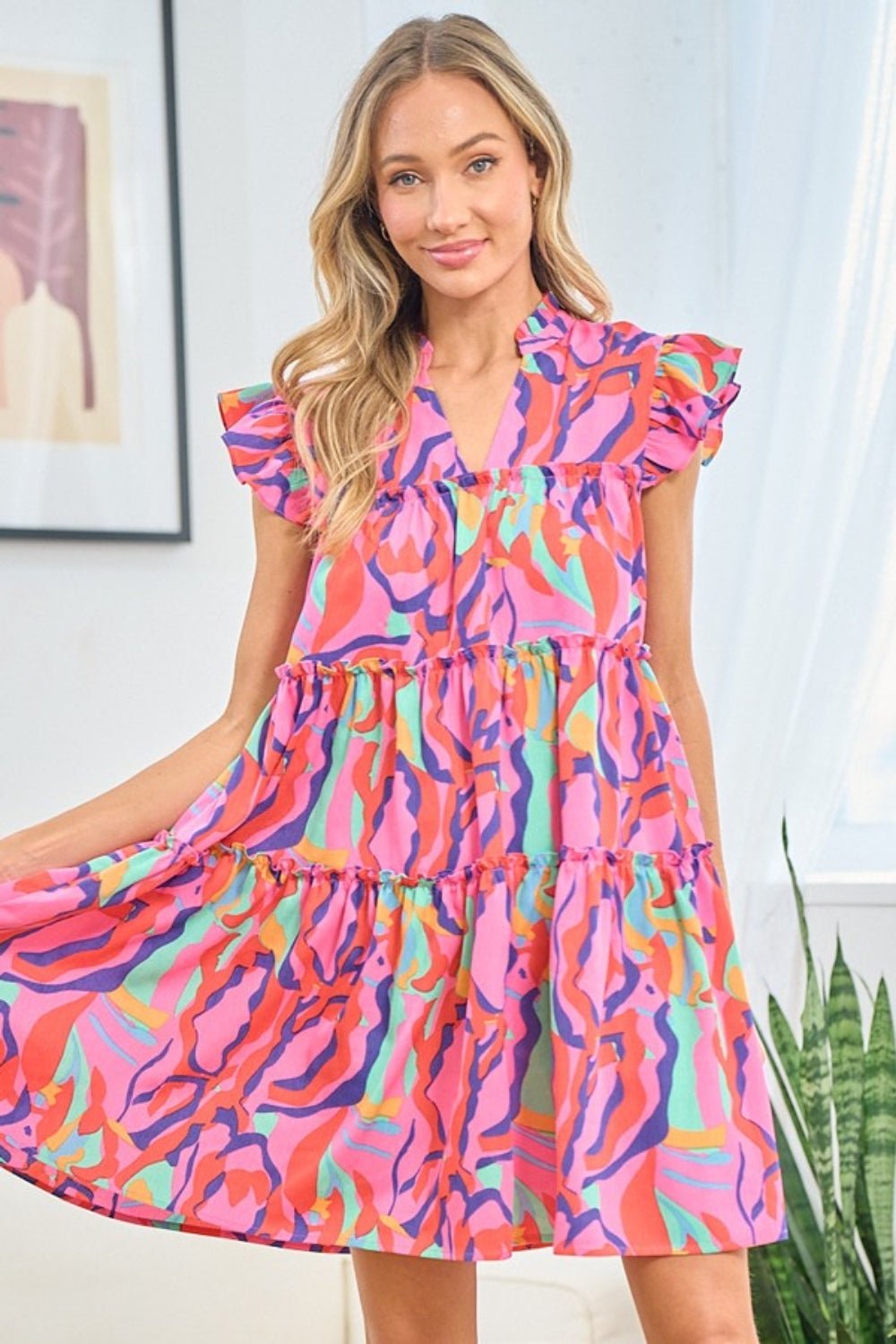 First Love Full Size Printed Ruffle Cap Sleeve Tiered Dress - Do Shop It™