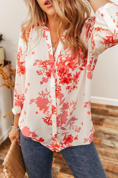 Floral Notched Long Sleeve Blouse - Do Shop It™