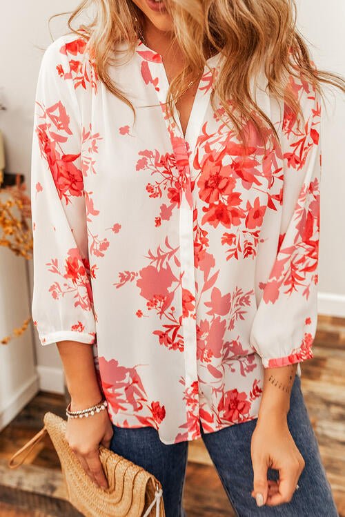 Floral Notched Long Sleeve Blouse - Do Shop It™