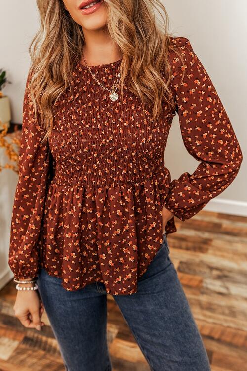 Floral Smocked Ruffle Hem Long Sleeve Blouse - Do Shop It™