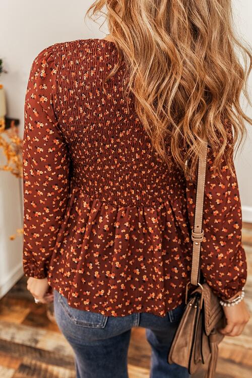 Floral Smocked Ruffle Hem Long Sleeve Blouse - Do Shop It™