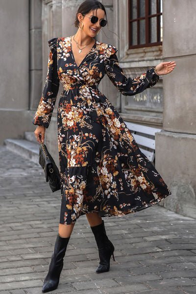 Floral Surplice Tie Front Ruffle Hem Midi Dress - Do Shop It™