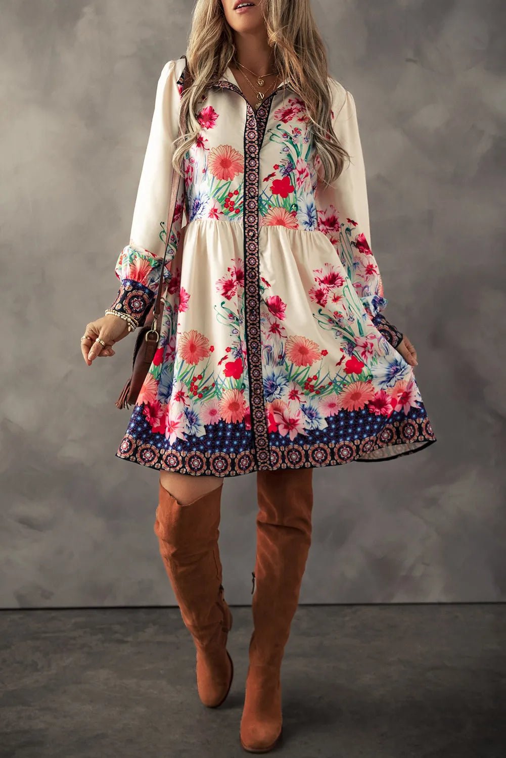 Flower Button Down Lantern Sleeve Dress - Do Shop It™