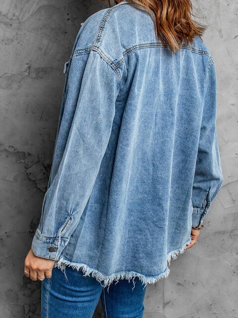 Frayed Hem Collared Denim Jacket - Do Shop It™