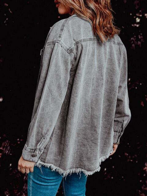 Frayed Hem Collared Denim Jacket - Do Shop It™