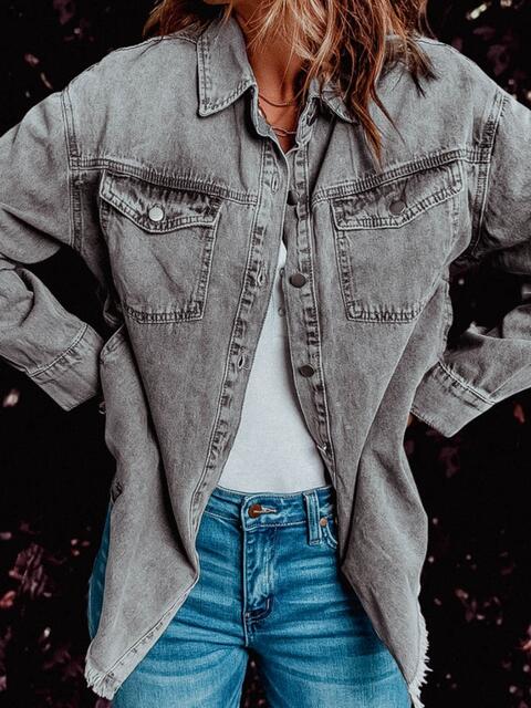 Frayed Hem Collared Denim Jacket - Do Shop It™