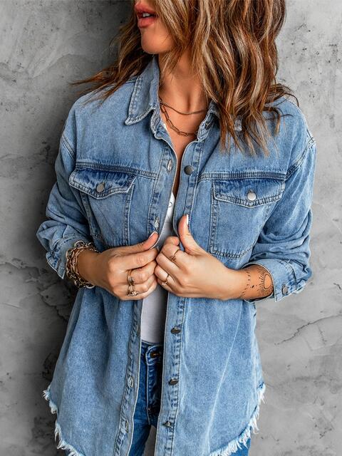 Frayed Hem Collared Denim Jacket - Do Shop It™