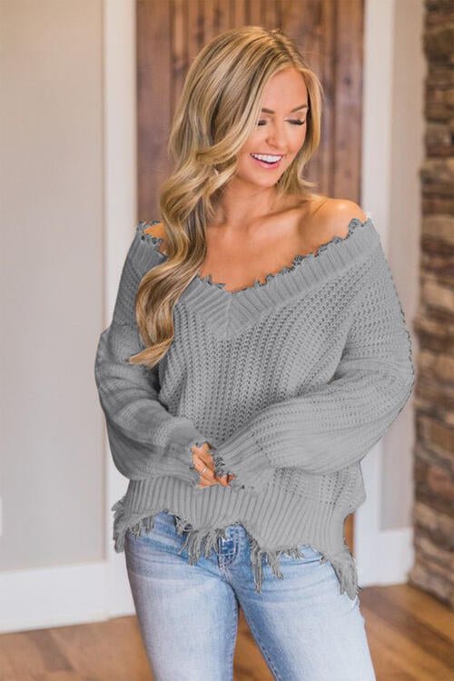 Frayed Hem Dropped Shoulder Sweater - Do Shop It™