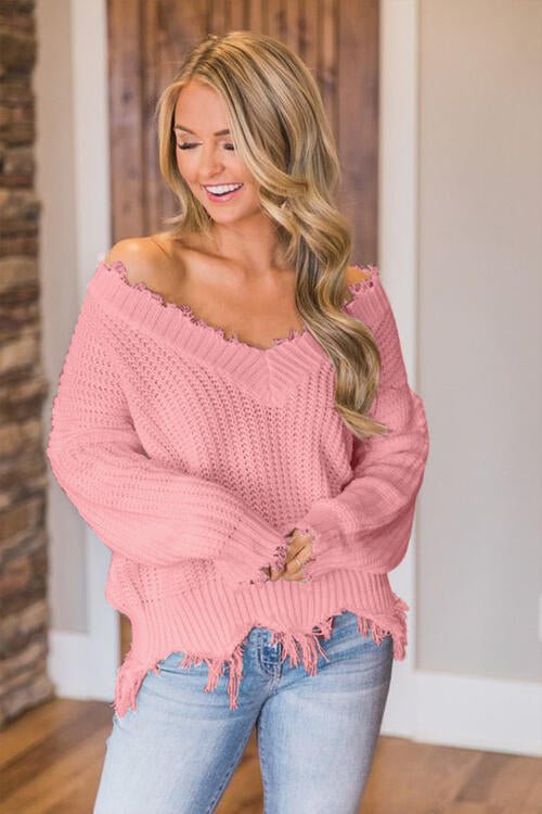 Frayed Hem Dropped Shoulder Sweater - Do Shop It™