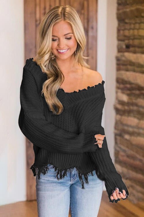 Frayed Hem Dropped Shoulder Sweater - Do Shop It™