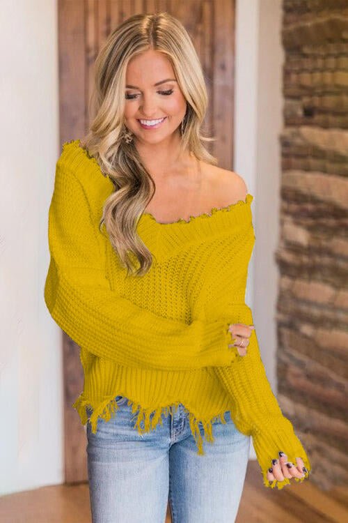 Frayed Hem Dropped Shoulder Sweater - Do Shop It™