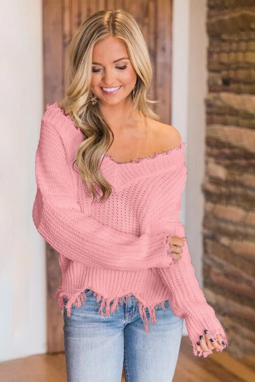 Frayed Hem Dropped Shoulder Sweater - Do Shop It™