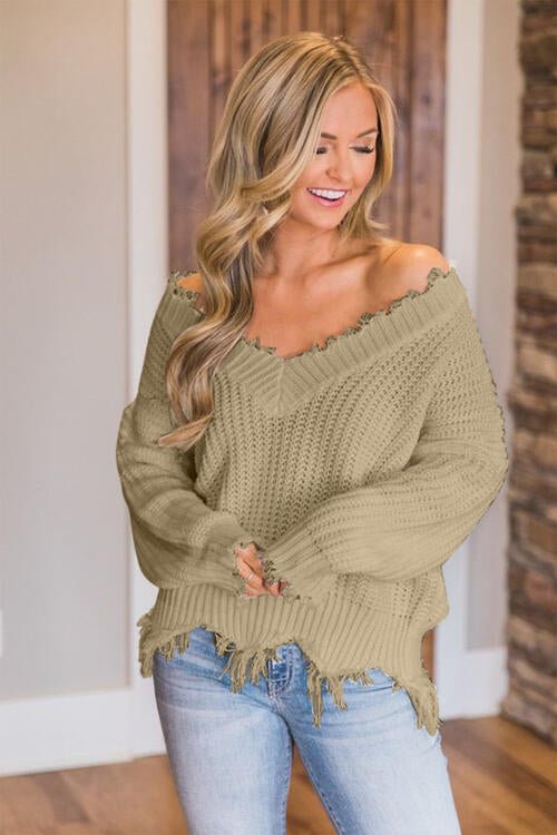 Frayed Hem Dropped Shoulder Sweater - Do Shop It™