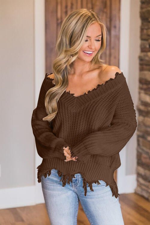 Frayed Hem Dropped Shoulder Sweater - Do Shop It™