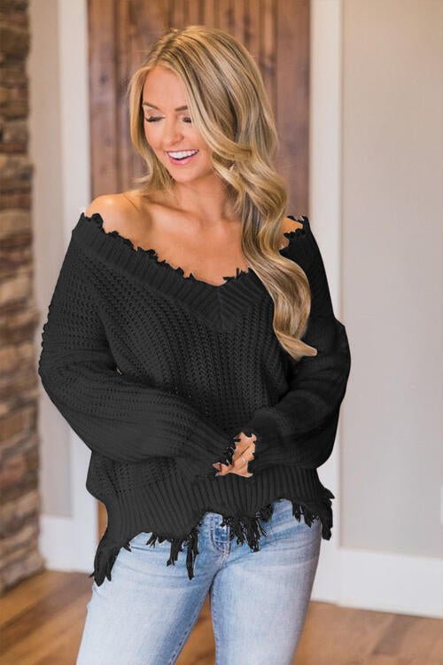 Frayed Hem Dropped Shoulder Sweater - Do Shop It™