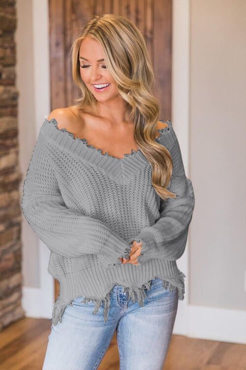 Frayed Hem Dropped Shoulder Sweater - Do Shop It™