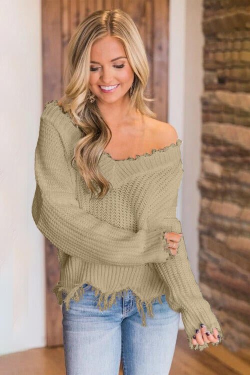 Frayed Hem Dropped Shoulder Sweater - Do Shop It™