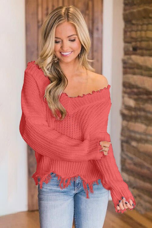 Frayed Hem Dropped Shoulder Sweater - Do Shop It™