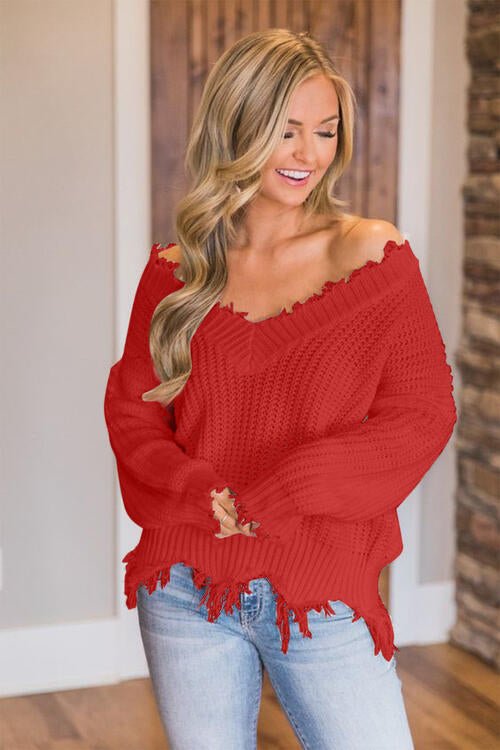 Frayed Hem Dropped Shoulder Sweater - Do Shop It™