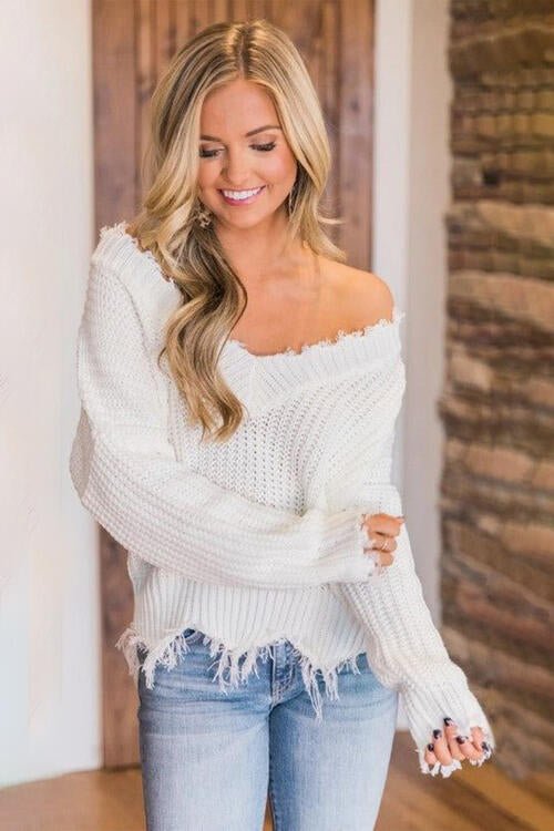 Frayed Hem Dropped Shoulder Sweater - Do Shop It™