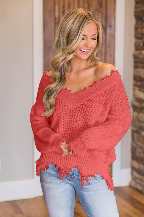 Frayed Hem Dropped Shoulder Sweater - Do Shop It™