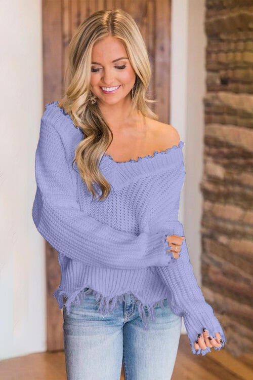 Frayed Hem Dropped Shoulder Sweater - Do Shop It™