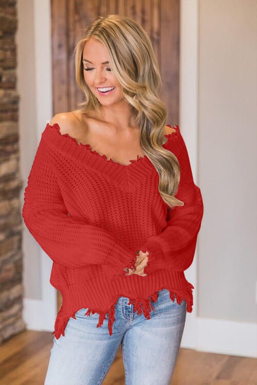 Frayed Hem Dropped Shoulder Sweater - Do Shop It™