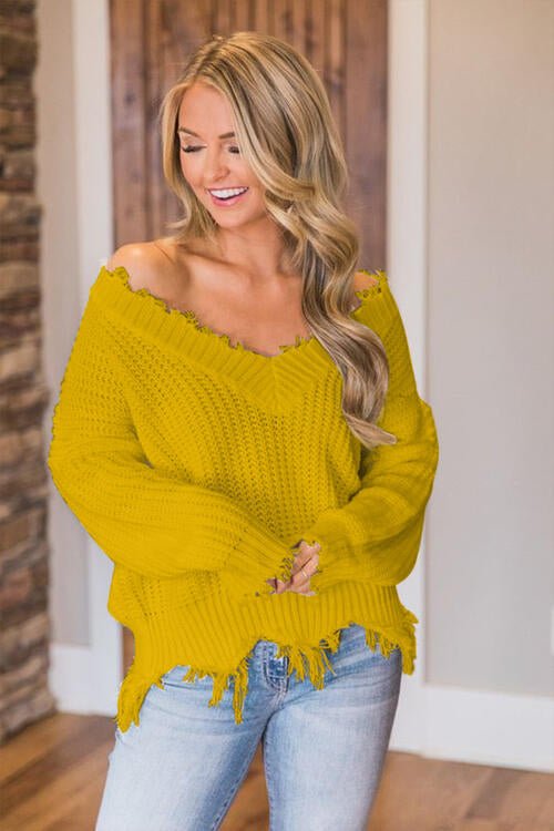 Frayed Hem Dropped Shoulder Sweater - Do Shop It™