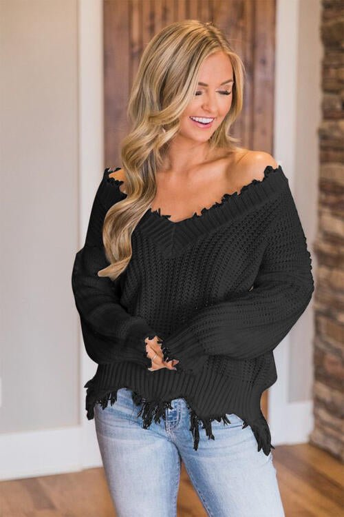 Frayed Hem Dropped Shoulder Sweater - Do Shop It™