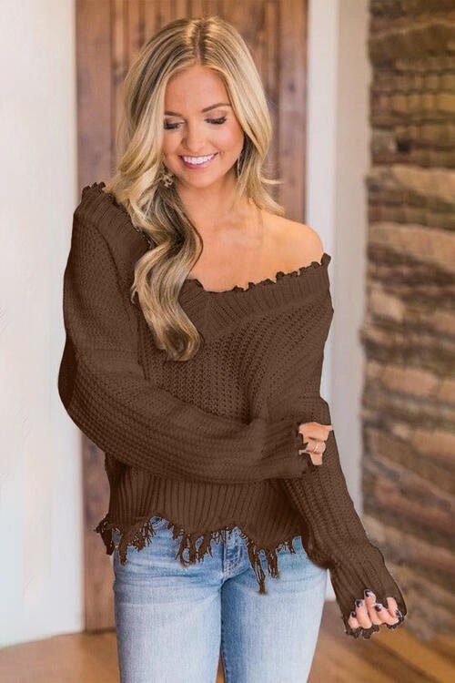 Frayed Hem Dropped Shoulder Sweater - Do Shop It™