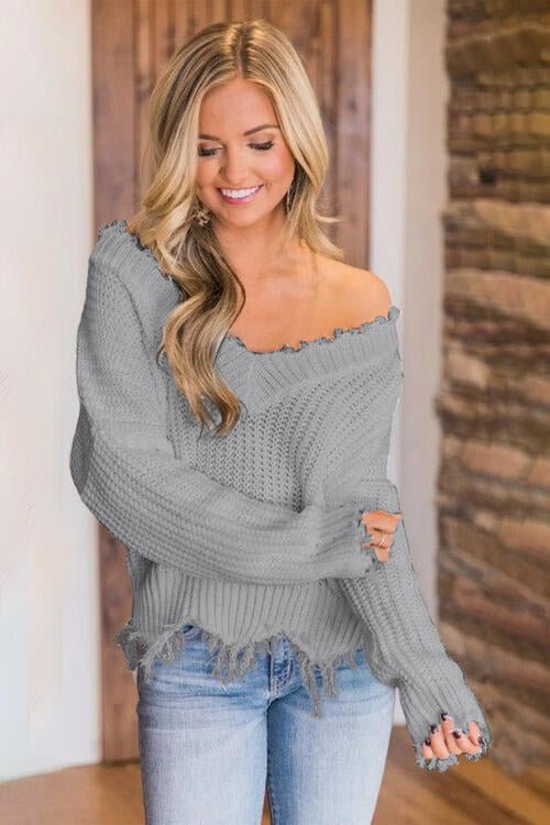 Frayed Hem Dropped Shoulder Sweater - Do Shop It™