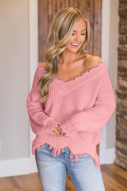 Frayed Hem Dropped Shoulder Sweater - Do Shop It™