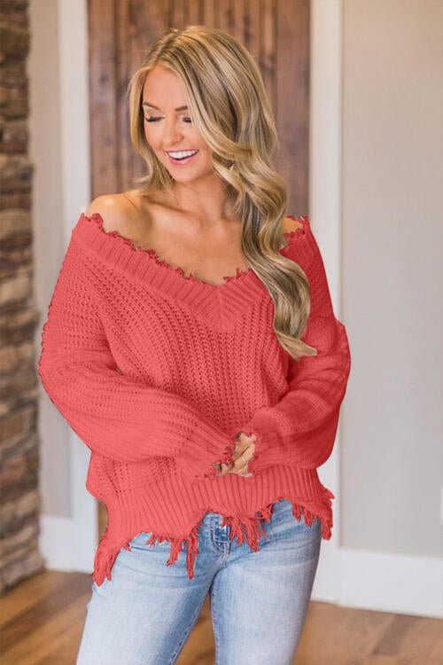 Frayed Hem Dropped Shoulder Sweater - Do Shop It™