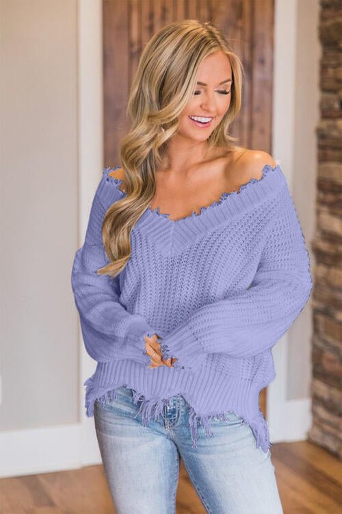 Frayed Hem Dropped Shoulder Sweater - Do Shop It™