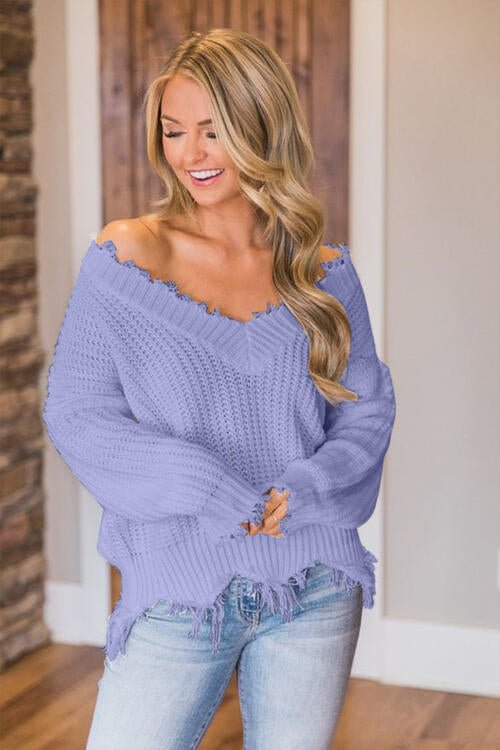 Frayed Hem Dropped Shoulder Sweater - Do Shop It™