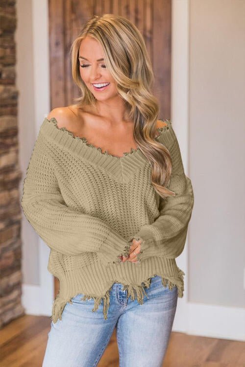 Frayed Hem Dropped Shoulder Sweater - Do Shop It™