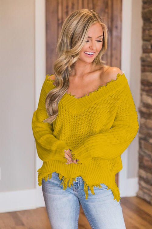 Frayed Hem Dropped Shoulder Sweater - Do Shop It™