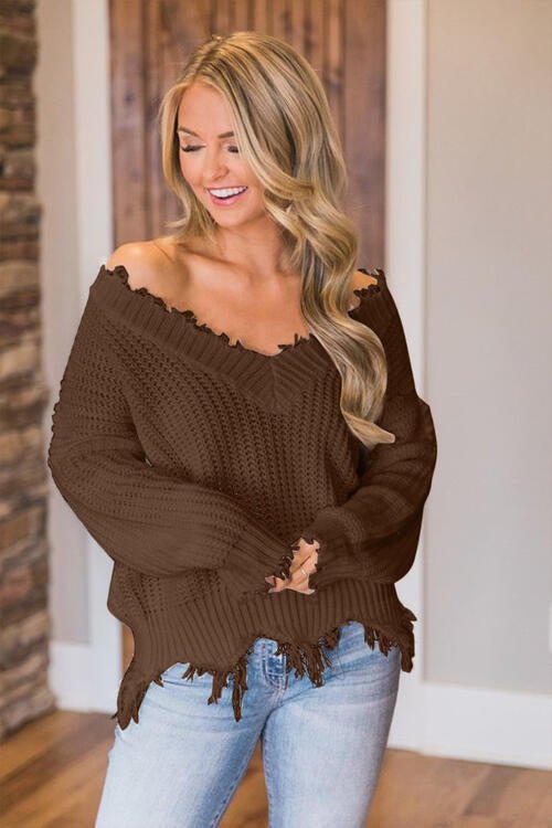 Frayed Hem Dropped Shoulder Sweater - Do Shop It™