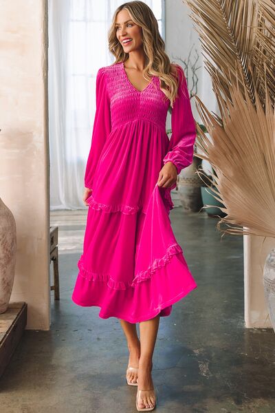 Frill V - Neck Balloon Sleeve Tiered Dress - Do Shop It™