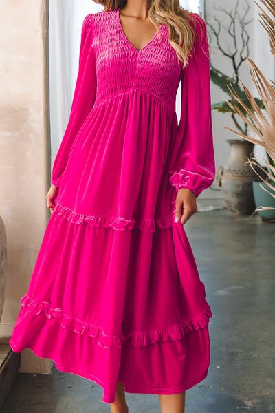 Frill V - Neck Balloon Sleeve Tiered Dress - Do Shop It™