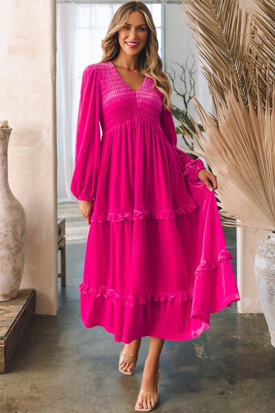 Frill V - Neck Balloon Sleeve Tiered Dress - Do Shop It™