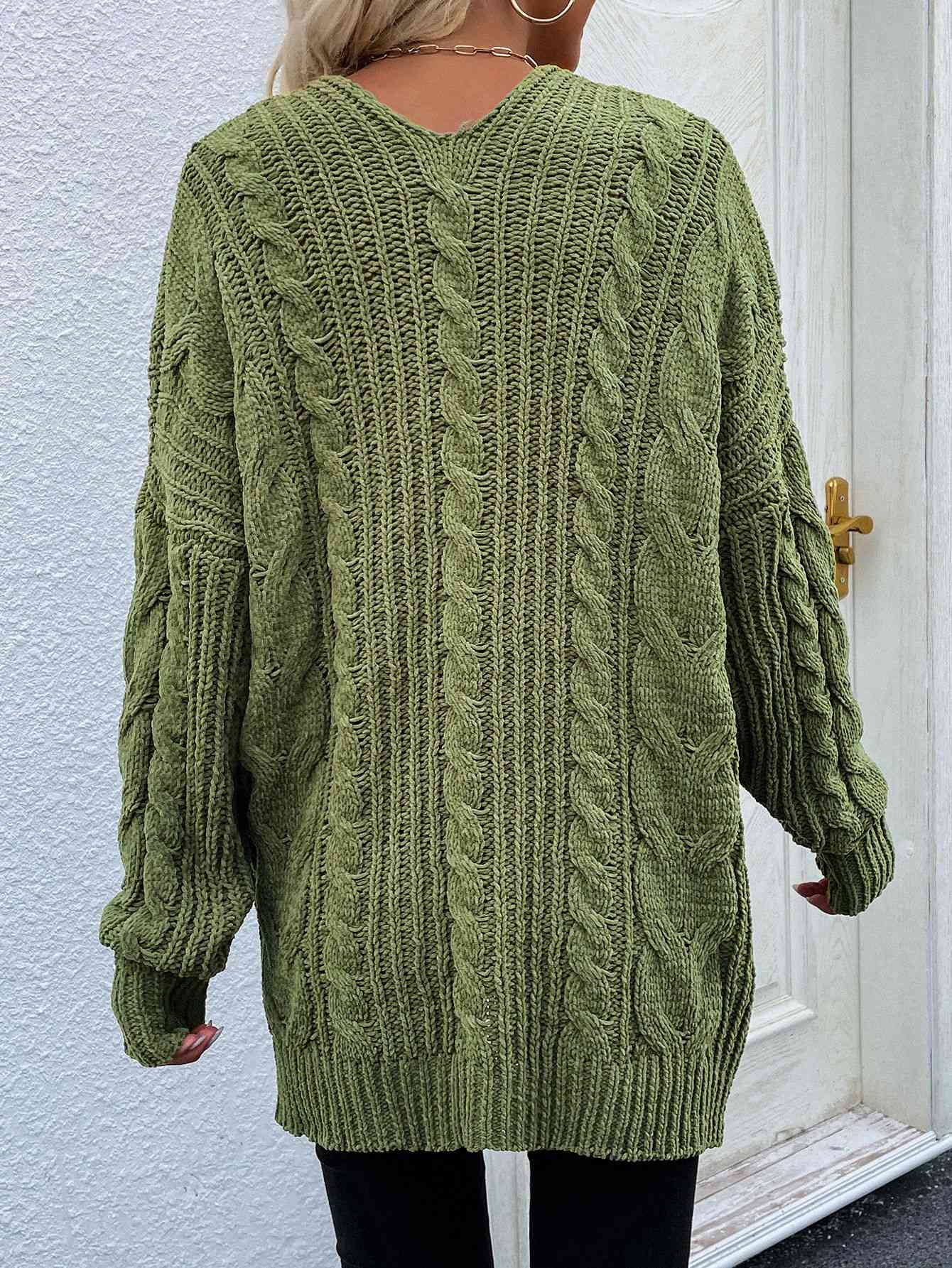 Woven Right Cable-Knit Open Front Cardigan with Front Pockets