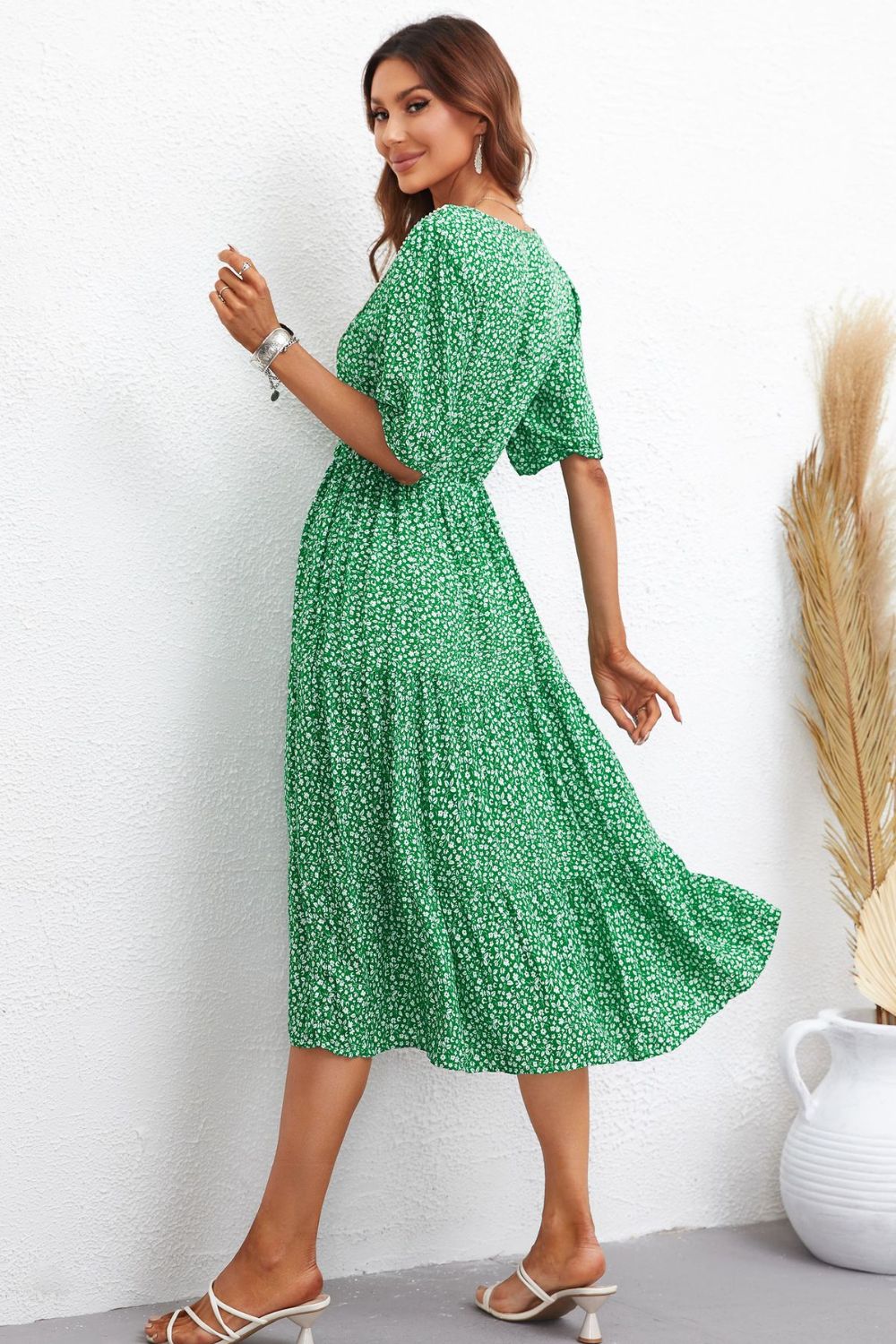 Printed Drawstring Waist Notched Neck Dress