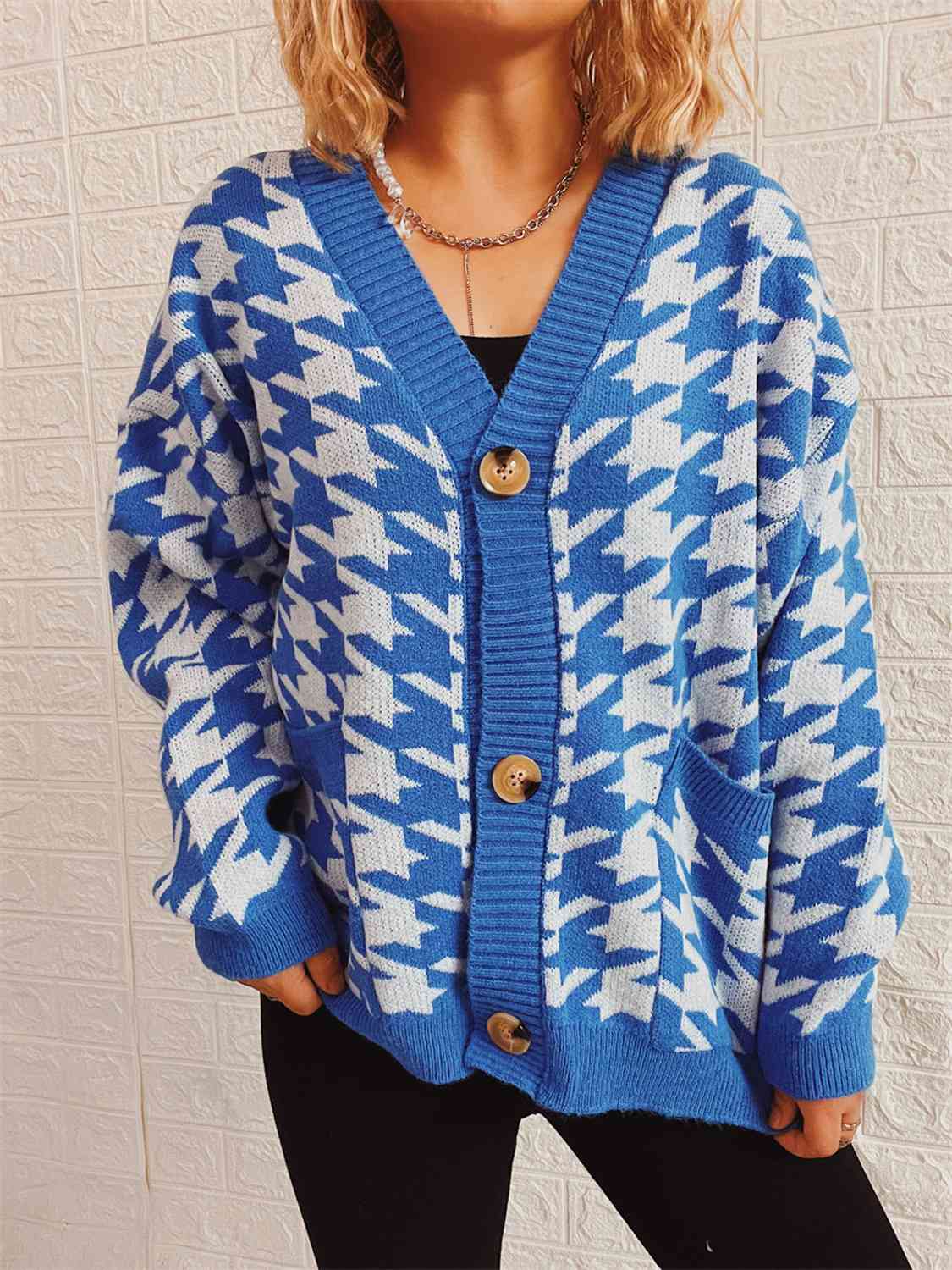 Houndstooth Botton Front  Cardigan with Pockets