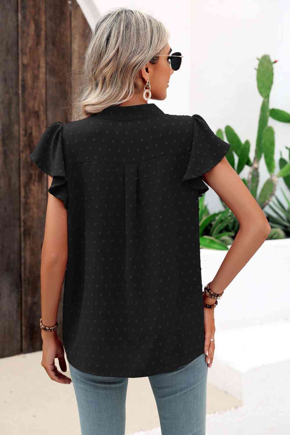 Swiss Dot Flutter Sleeve Notched Neck Blouse