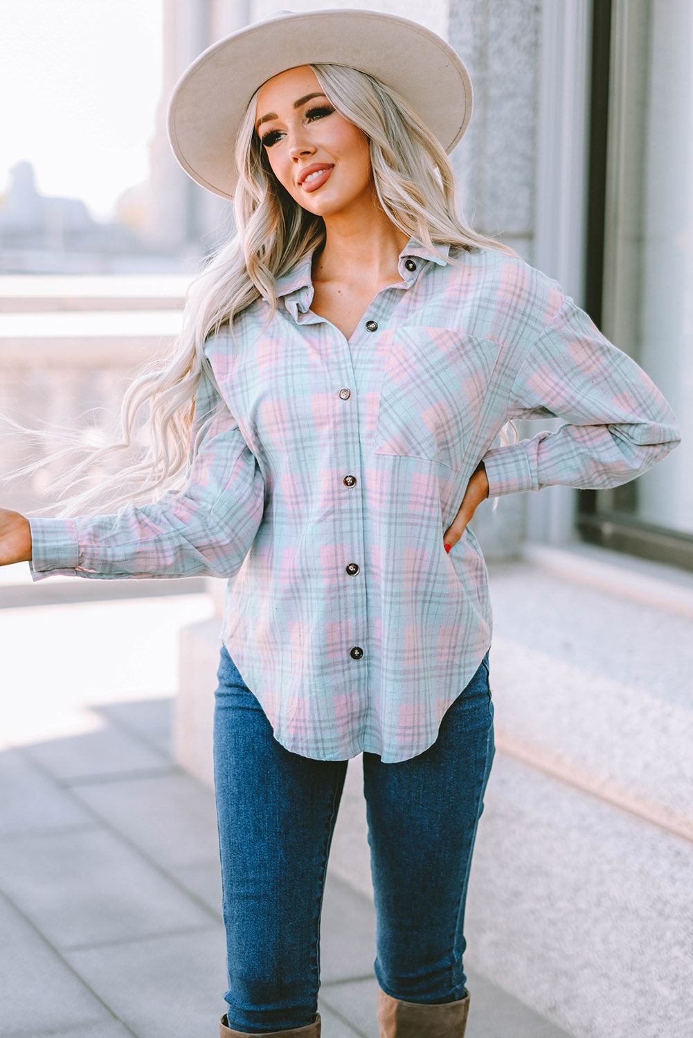 Plaid Button-Up Dropped Shoulder Shirt