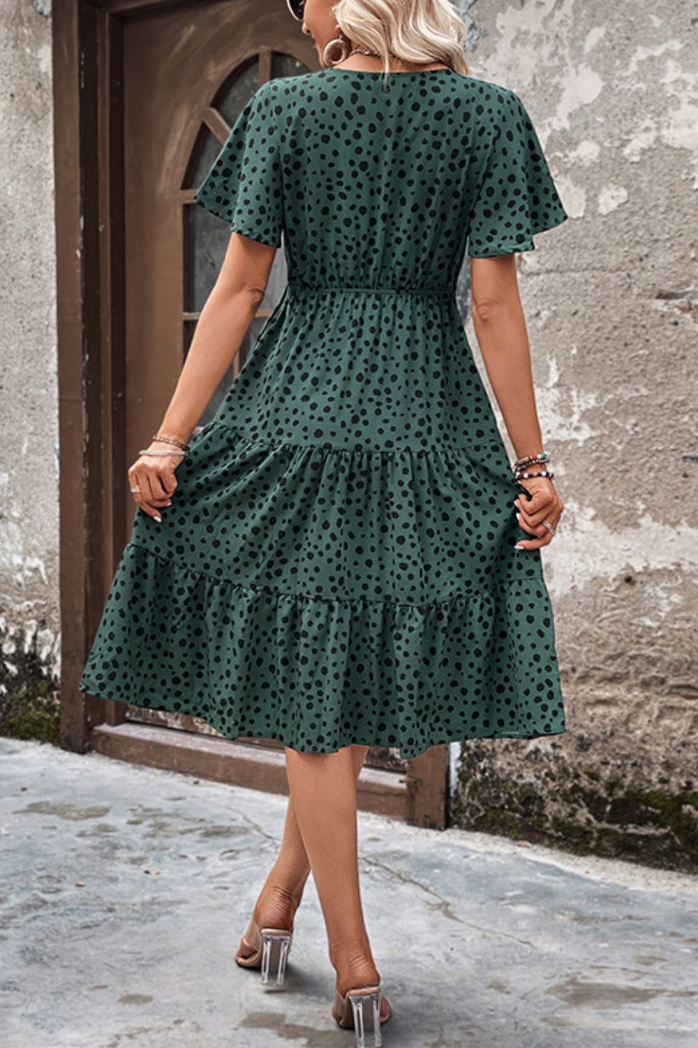 Printed Buttoned V-Neck Flutter Sleeve Dress