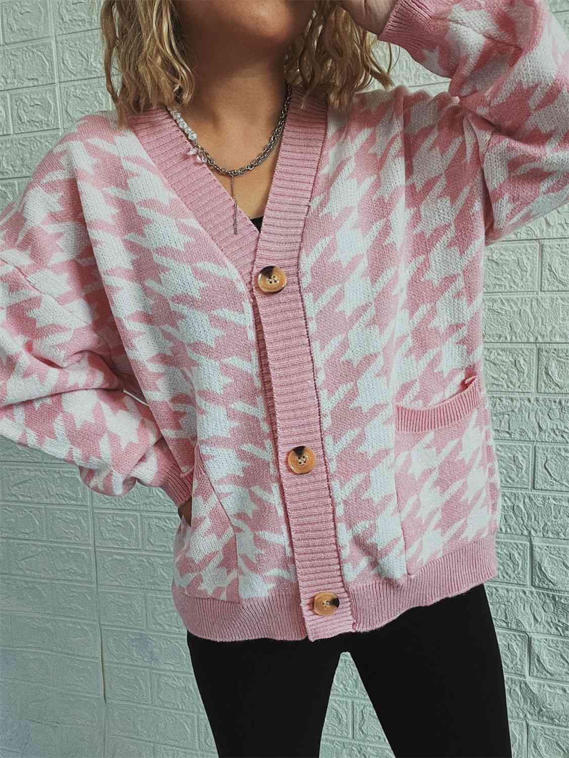 Houndstooth Botton Front  Cardigan with Pockets