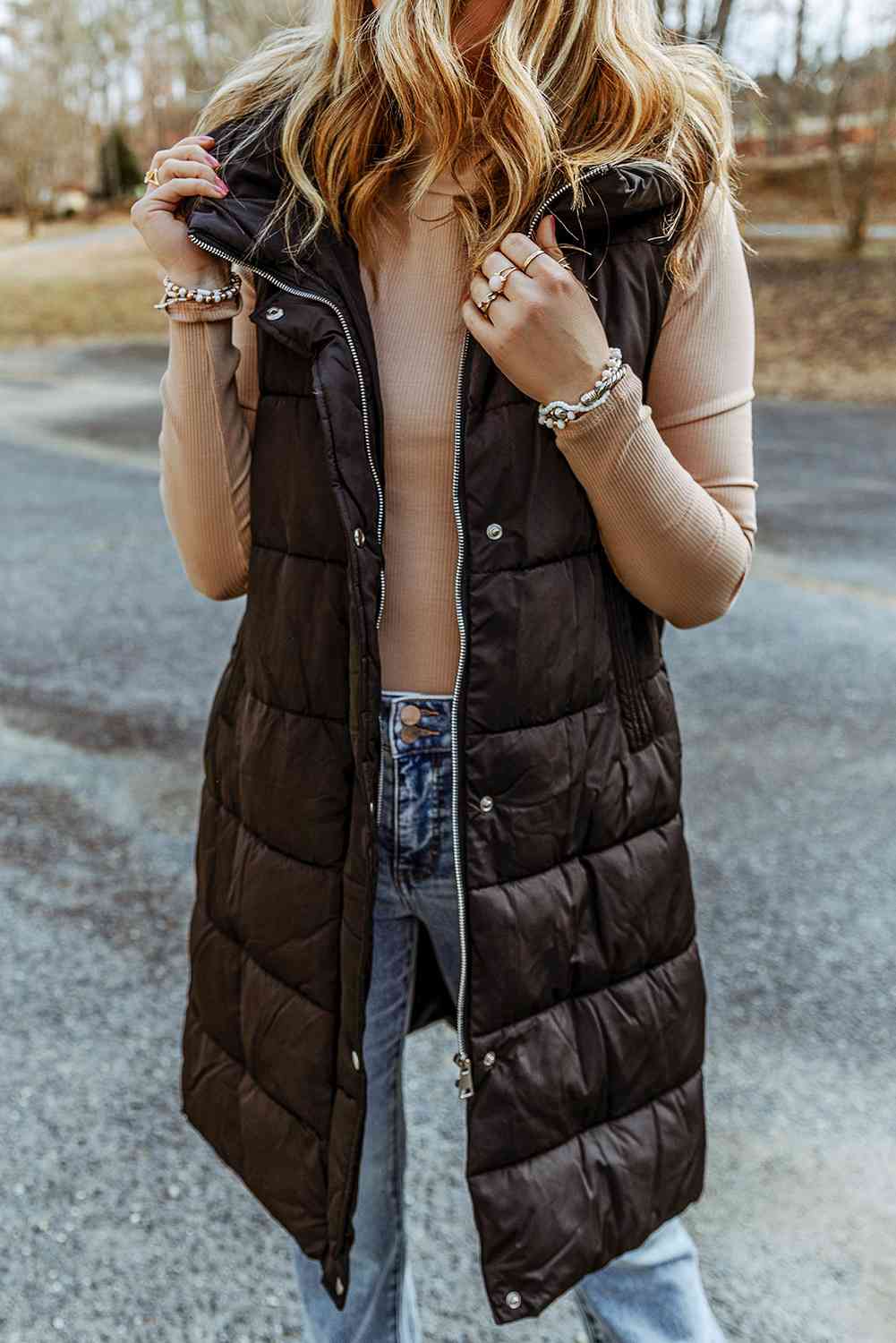 Longline Hooded Sleeveless Puffer Vest